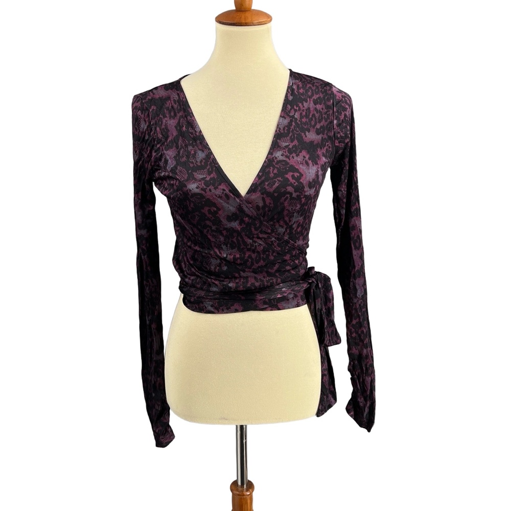 Parker Wrap Top Purple Black Wrap V-Neck Long Sleeve Self Tie‎ Small